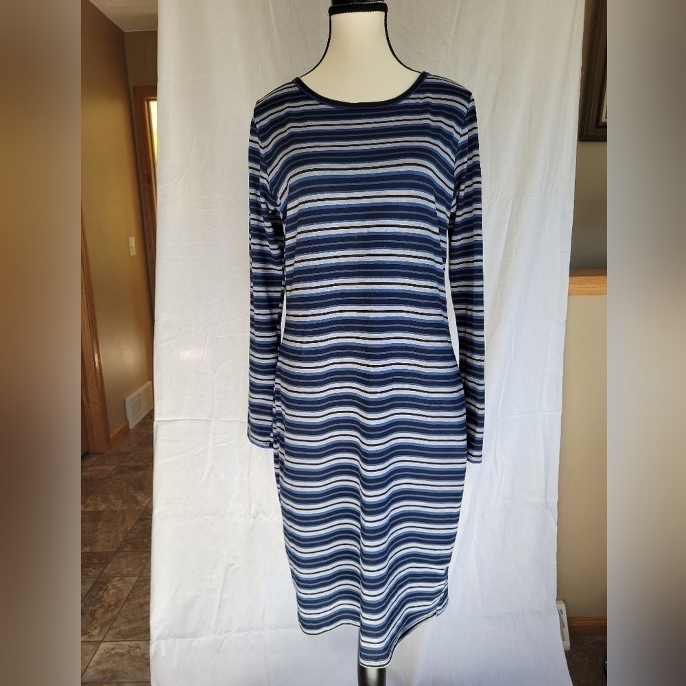Lularoe blue, black, grey striped long sleeve midi Debbie dress L